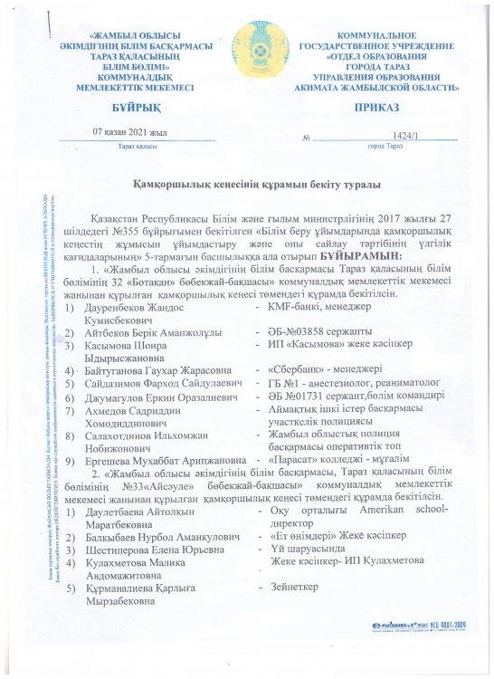 Қамқоршылық кеңесінің құрамын бекіту туралы бұйрық №1424/1
